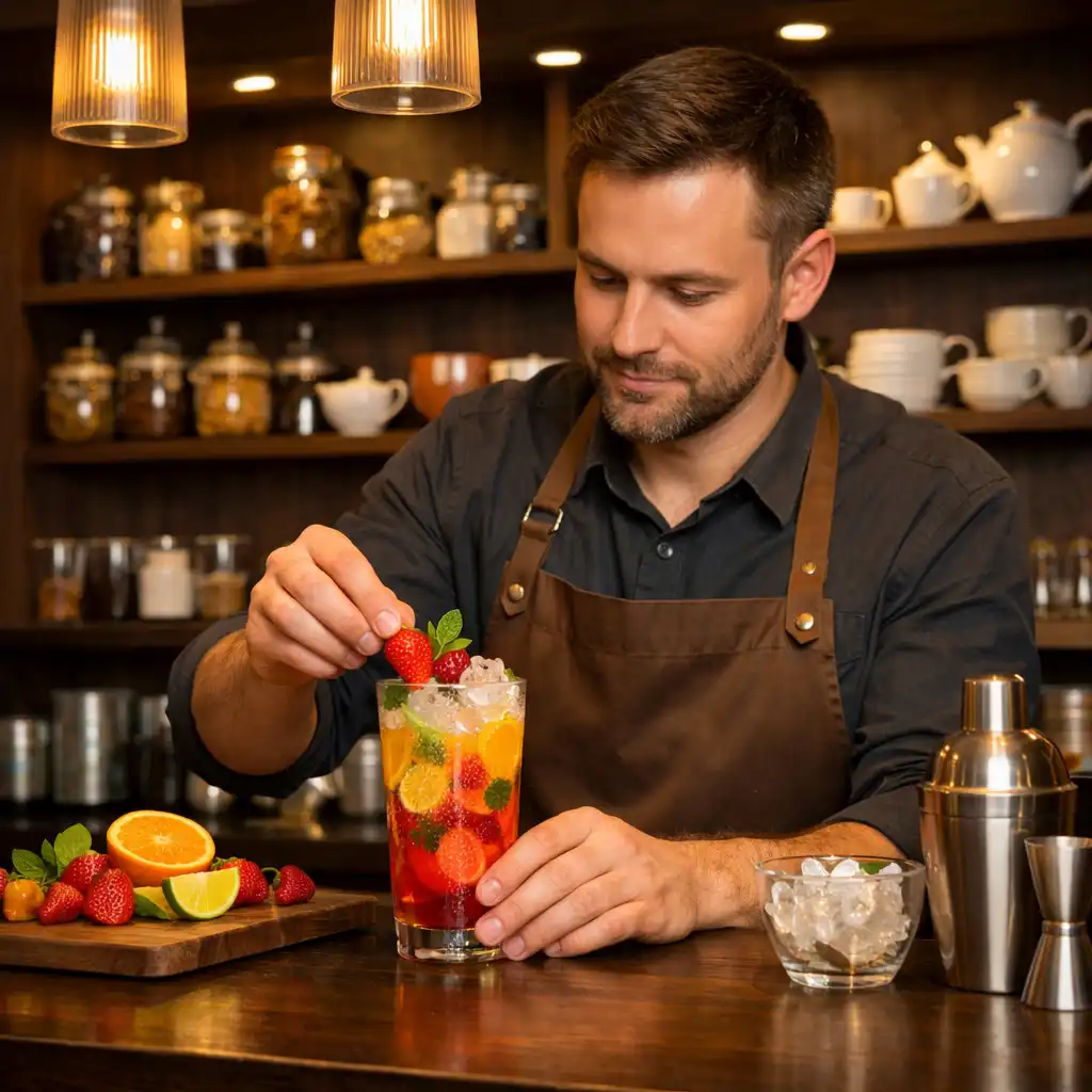 Barista alkoholmentes koktélt készít a sötét fa bárpultnál, friss gyümölcsökkel